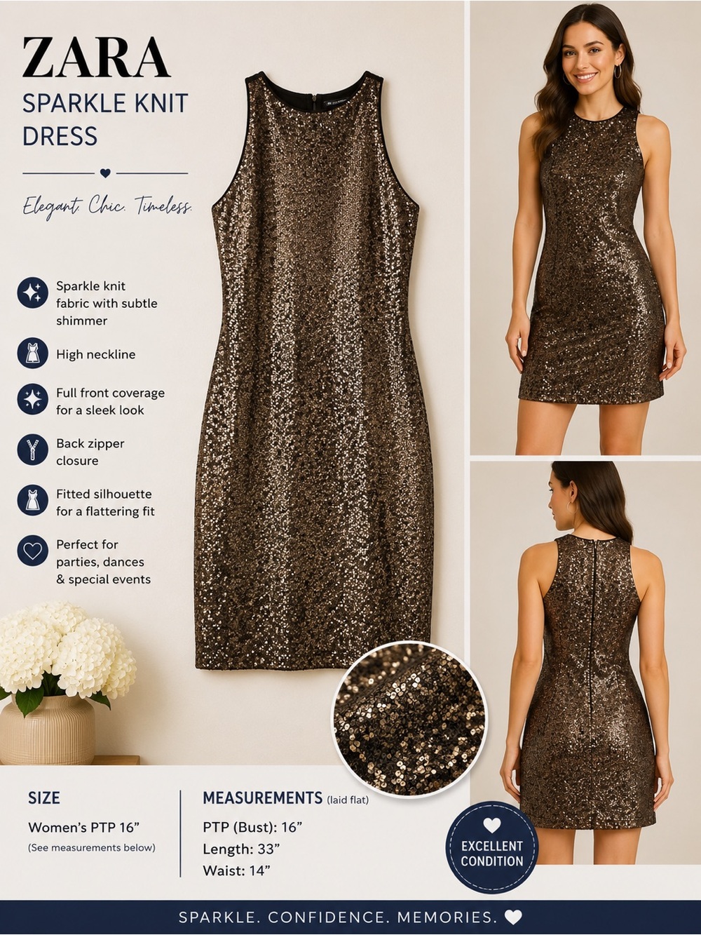 Zara Metallic Bronze Sequin Mini Dress